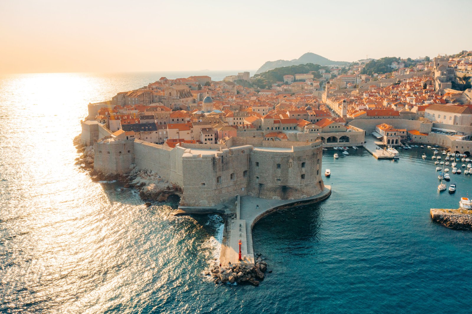 Aerial of the Old Town of Dubrovnik at sunset, Croatia