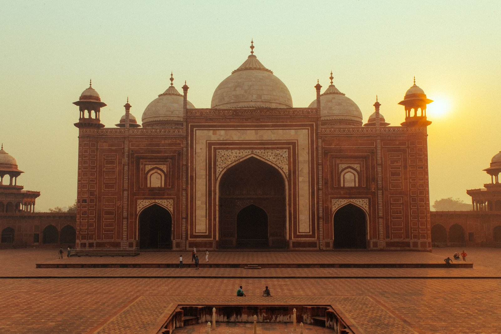 The Great Gate at the Taj Mahal at sunset, Agra, India