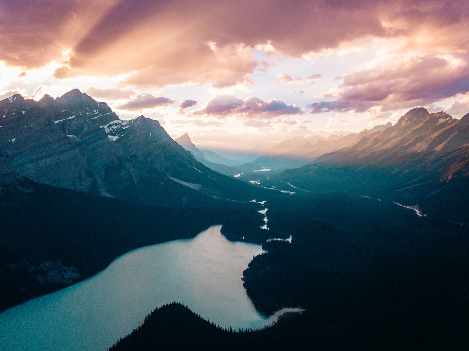 Aerial of Peyto Lake at sunset, Banff, Canada